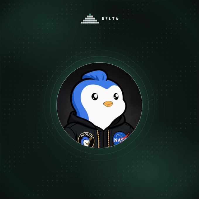 A cartoon penguin wearing a black hoodie with Apollo and NASA patches is centered in a circular frame, with the "DELTA" logo and bar graph above on a dark green dotted background.