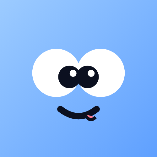 A minimalist blue square icon features a stylized face composed of two white circles for eyes with black pupils and a curved black smile with a small pink tongue.