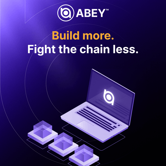A promotional graphic for ABEY with the tagline 'Build more. Fight the chain less.' displayed over an isometric illustration of a laptop and purple blockchain blocks.