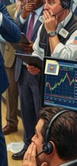 Several businessmen in suits huddle together examining a tablet displaying a stock chart, with one man speaking on a phone in the foreground.