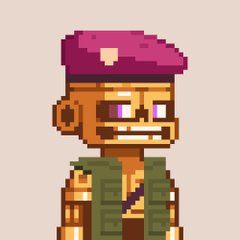 A pixel art character sprite depicts a smiling soldier wearing a maroon beret and green military uniform.