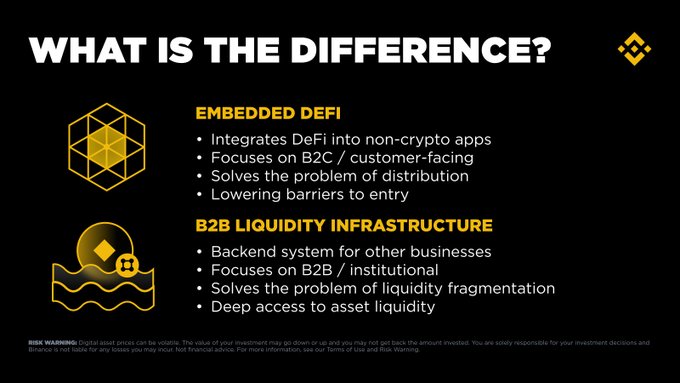 An informational slide titled "WHAT IS THE DIFFERENCE?" explaining the differences between "EMBEDDED DEFI" and "B2B LIQUIDITY INFRASTRUCTURE" with bullet points, including a risk warning at the bottom.