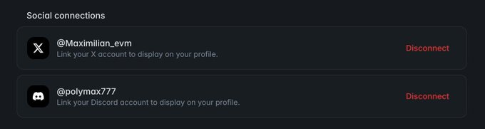 The image shows a "Social connections" settings panel with linked accounts for X (@Maximilian_evm) and Discord (@polymax777), both displaying "Disconnect" options. This visual confirms the post's announcement that Polymarket now allows users to connect both X and Discord accounts in their settings.