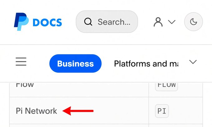 A screenshot of the PayPal "Business" documentation page showing the newly listed "Pi Network" (PI) under supported payment solutions, confirming the crypto's addition to PayPal's platform.