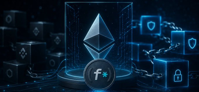 The image features a glowing Ethereum logo (Ξ) centered within a transparent digital cube, flanked by chains, lock icons, and blockchain symbols representing security and privacy, while a physical coin in the foreground displays the "f*" branding of Fhenix—directly illustrating how Fhenix's privacy-focused technology aims to give Ethereum a competitive edge in confidential on-chain transactions.