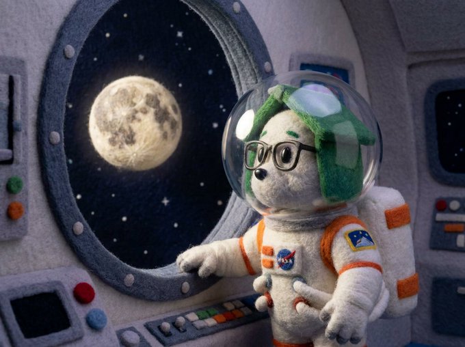A felted plush dog wearing glasses, a green helmet, and an astronaut suit stands inside a spaceship, gazing out the window at a large detailed moon. The handmade, whimsical scene visually echoes the post's playful message of "flying the spons eco to the moon."