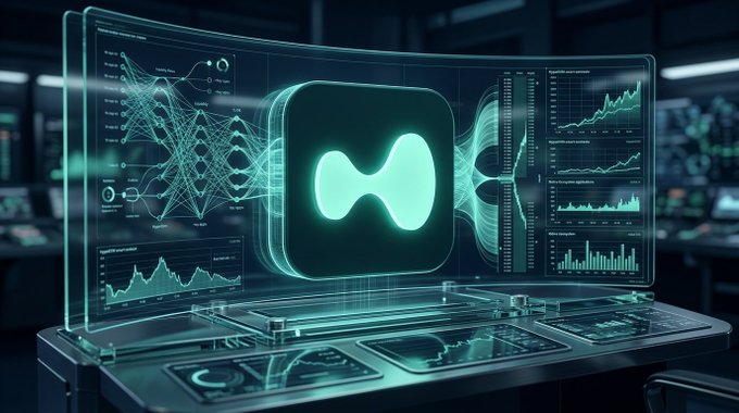 A futuristic holographic display with a glowing infinity symbol surrounded by neural network diagrams, line graphs, and bar charts on a curved screen.