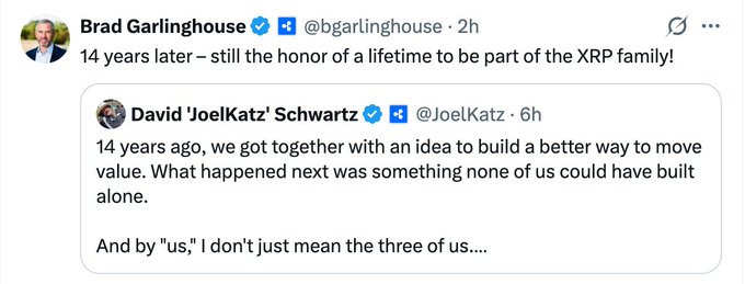 The image is a screenshot from a social media platform where two users are interacting with each other by sharing a link or message. One user has written, "Just In!: #Ripple CEO Brad Garlinghouse says it's still the honor of a lifetime to be part of the $XRP family 14 years later." This post highlights the significance of the Ripple Ripple XRP token and its impact on the company's history. The image also includes a screenshot of a message or photo between two people sharing their thoughts, possibly about this Ripple Ripple XRP token or another topic related to cryptocurrency.