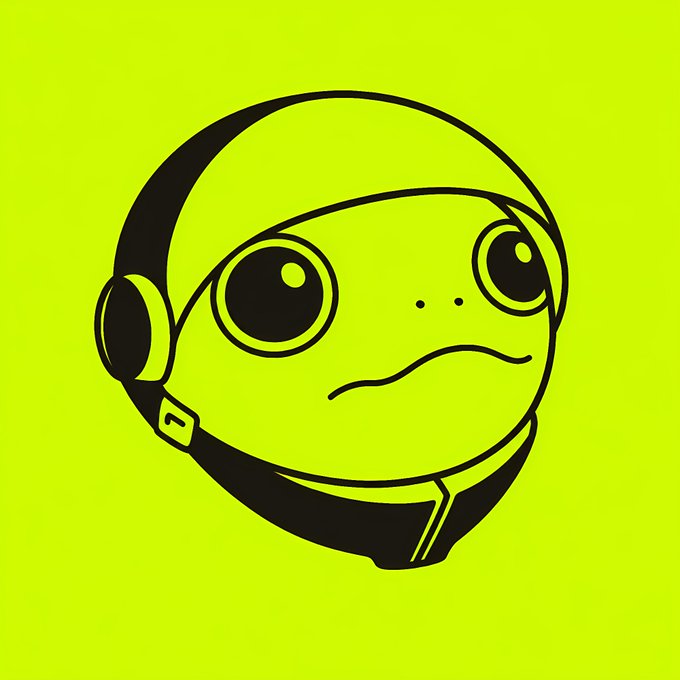 A cartoon-style black and white drawing of a frog wearing a helmet, set against a bright neon yellow-green background.