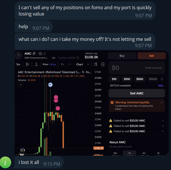 A screenshot of a chat conversation shows someone in distress about being unable to sell their AMC Entertainment (AMC) token position on what appears to be the 'fomo' platform, with the chart showing a significant price decline and multiple 'Failed to sell $33.00 AMC' errors.