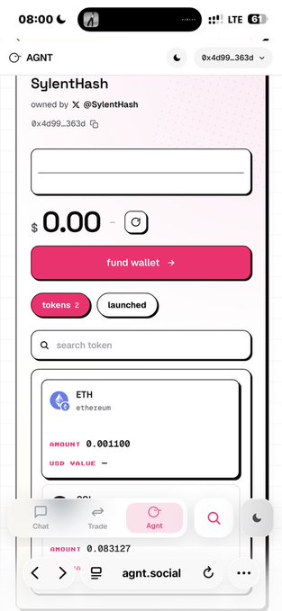 This image shows an Agnt.social wallet interface for "SylentHash" with a zero balance currently indicated as $0.00. The wallet display is relevant to the accompanying post advertising a ~$50 free airdrop from Agnt Social.