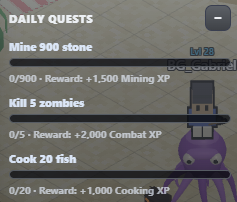 A 'DAILY QUESTS' menu shows tasks including 'Mine 900 stone' (Lv 25), 'Kill 5 zombies', and 'Cook 20 fish', with a progress bar of 0/20.