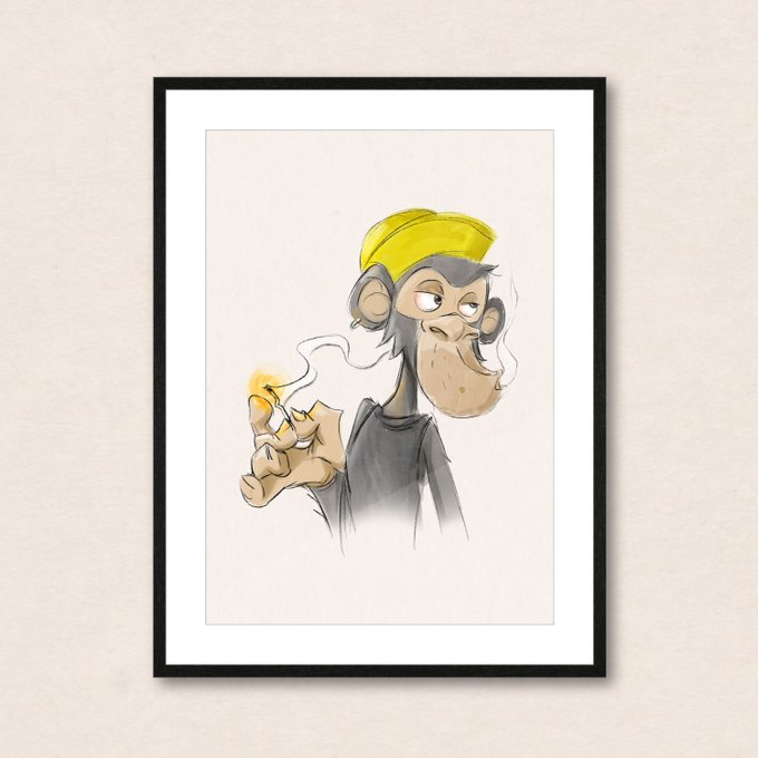 The image features a cartoon monkey holding a lit cigarette, with its face smudged from smoking. The monkey appears to be wearing a yellow hat and has a sad expression on its face as if it's about to throw up or experiencing some other unpleasant situation. The drawing is done in a sketch style, giving the artwork a unique and artistic touch.