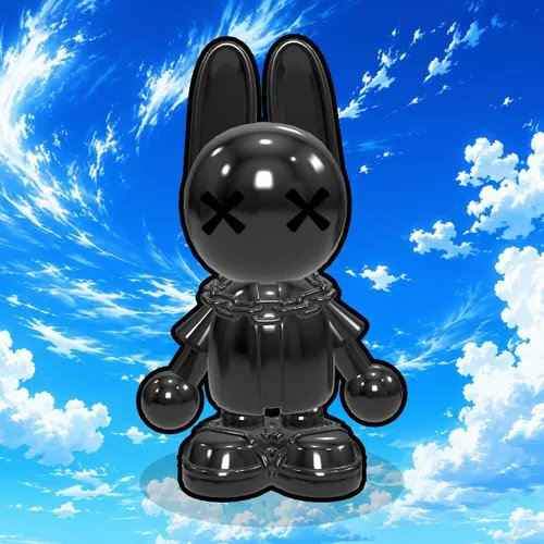 A 3D rendered black metallic bunny figurine with X-shaped eyes, designed in a KAWS-style aesthetic, standing against a bright blue sky with white clouds.