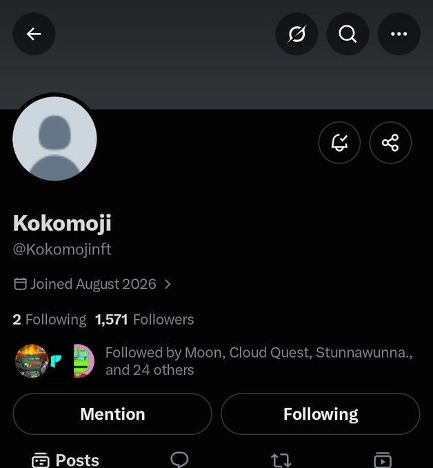 A dark-mode social media profile for "Kokomoji" (@Kokomojinft) shows it was joined in August 2026, has 2 Following, 1,571 Followers, and is followed by Moon, Cloud Quest, Stunnawunna, and 24 others.