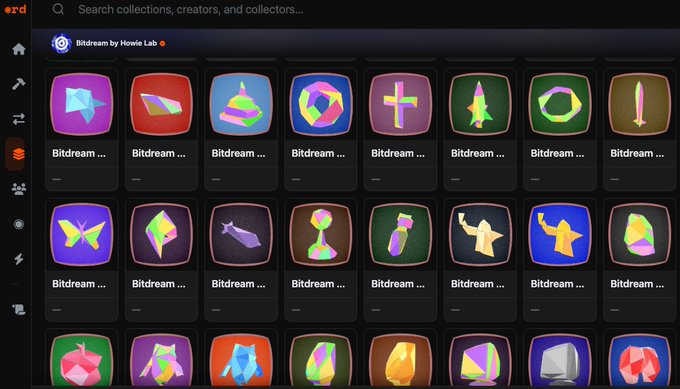 A screenshot of the 'Bitdream by Howie Lab' NFT collection on the 'rd' platform, displaying a grid of colorful, low-poly digital art icons.