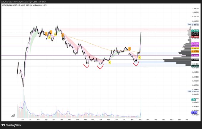 A TradingView chart of the USELESS/USDT pair on a daily timeframe shows the price bouncing from double bottoms (highlighted with red smiley faces) and breaking above the 0.21786 resistance, aligning with the post's call of entries in the $0.034–$0.04 range.