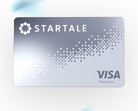 A silver 'STARTALE' Visa Platinum credit card with a blue pixelated design.