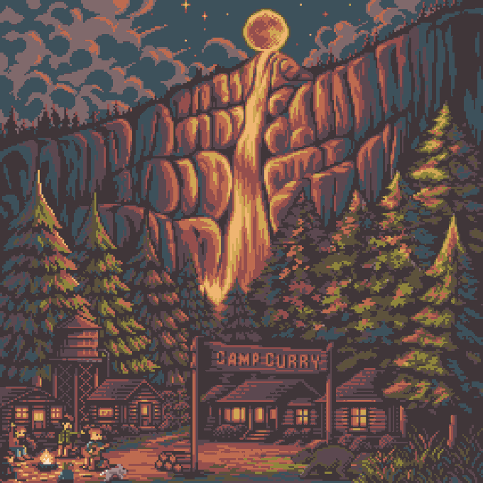 Pixel art landscape of Camp Curry showing a glowing waterfall and full moon behind rocky cliffs, with cabins and campers gathered around a campfire.