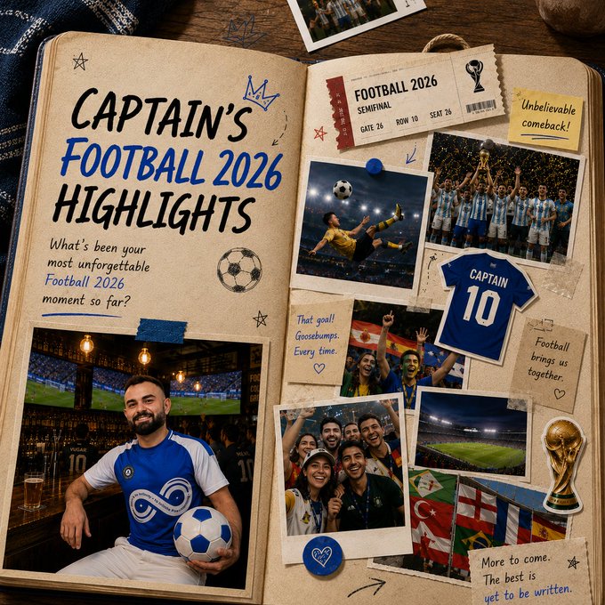 This image depicts a "Captain's Football 2026 Highlights" scrapbook, featuring photos and a ticket stub for the "Football 2026 SEMIFINAL" as part of a contest asking users to share their most unforgettable moments. The post on MEXC invites followers to win merch by sharing their favorite #MEXC moments.