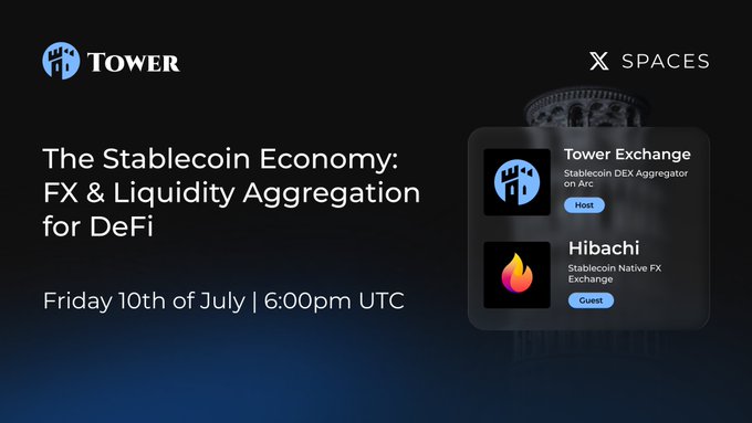 A promotional graphic for an X Space event titled "The Stablecoin Economy: FX & Liquidity Aggregation for DeFi," hosted by Tower Exchange and Hibachi on Friday, July 10th at 6:00pm UTC, featuring the Tower and Hibachi logos alongside a faint image of what appears to be a landmark tower.