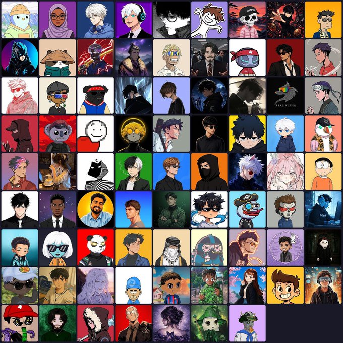 A grid collection of approximately 80 diverse anime-style profile pictures/avatars featuring various characters in different art styles and color schemes.