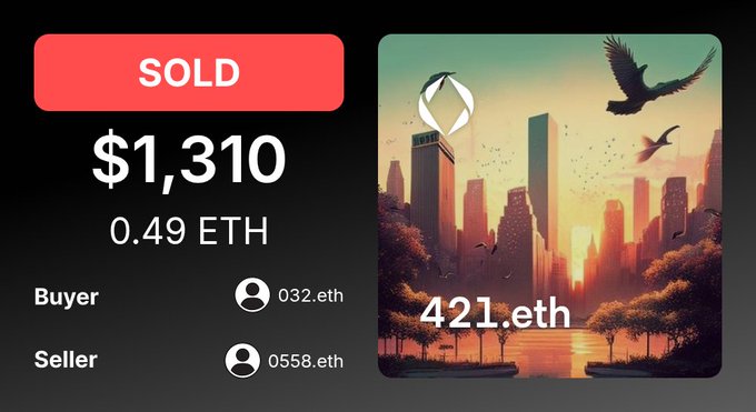 A 'SOLD' transaction display showing $1,310 (0.49 ETH) for the ENS domain '421.eth', with buyer '032.eth' and seller '0558.eth', accompanied by an illustration of a futuristic city.