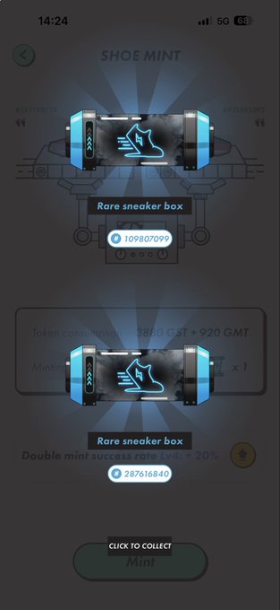 A mobile app screen titled "SHOE MINT" showing a "Rare sneaker box" with a countdown of 1098070099 and a "CLICK TO COLLECT Mint" button, displaying token costs of 3860 GST + 920 GMT.