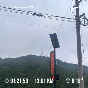 A Garmin Forerunner 265 activity screenshot showing an outdoor workout at 01:21:59 with a distance of 13.01 KM at a 6'18" pace, featuring a view of power lines and mountains against an overcast sky.