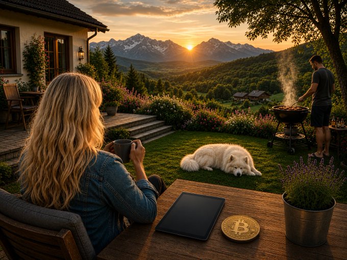 A woman sips coffee at a sunset mountain retreat while a Bitcoin coin rests on the table beside her, illustrating a relaxed stance toward long-term Bitcoin holdings despite potential changes to the one-year tax holding rule—since gains from €55,000 to €150,000 in Bitcoin would still be substantial either way.