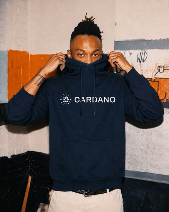 The image features a man wearing a navy blue hoodie with the word "Cardano" printed on it, standing against a brick wall. The man has his hair styled in a mohawk and appears to be posing for the photo. There is also an orange graffiti mural visible behind him. The post about the Cardano limited edition tokenized hoodie is related to the image as it showcases the new product available at the Cardano Store, which is designed specifically for the tokenization of digital assets like Bitcoin.