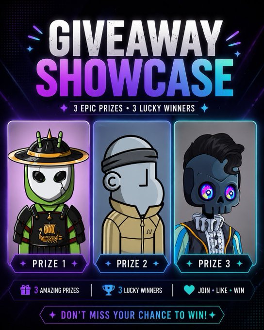 A vibrant giveaway announcement featuring three cartoon prizes—an alien mask character (Prize 1), a Chill Bugs robot (Prize 2), and a glowing-eyed skull figure (Prize 3)—under the headline "GIVEAWAY SHOWCASE" promising "3 EPIC PRIZES • 3 LUCKY WINNERS." The image complements the post by promoting the three NFT prizes being raffled off, including the Alien Mask and Chill Bugs collectibles the host is giving away.