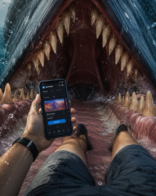 A person holds a smartphone displaying the OpenSea app while standing inside the massive, tooth-filled mouth of a shark, creating a dramatic first-person perspective.