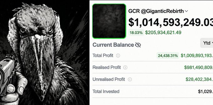 The image shows a poster advertising an online trading platform with a bird graphic featuring gunpowder. The poster features a list of transactions, including one for $1B+ and another for $0.01B+ or 1 cent Bitcoin, indicating that this is a platform related to cryptocurrency trading. An anonymous trader successfully made a substantial profit from the trading platform, becoming a legend in the crypto world.