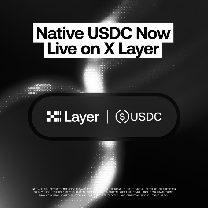 The image is a black-and-white promotional graphic announcing "Native USDC Now Live on X Layer," featuring the OKX "Layer" logo alongside the USDC ($) logo in a pill-shaped badge. It visually reinforces the post's message about native USDC support on X Layer by showcasing the partnership between OKX's Layer ecosystem and Circle's USDC stablecoin.