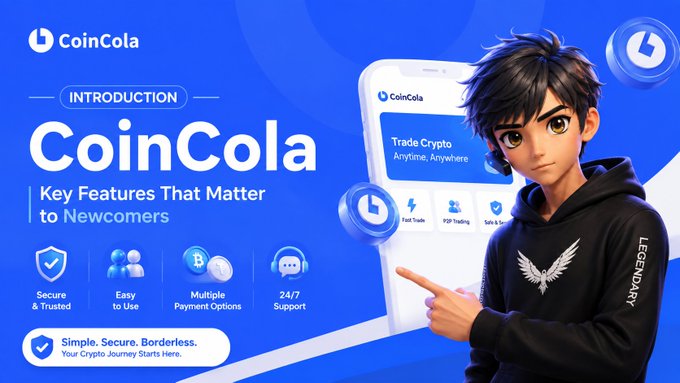 A promotional graphic for the 'CoinCola' crypto trading platform featuring an anime-style character pointing at a smartphone displaying the app interface, with key features listed: 'Secure & Trusted', 'Easy to Use', 'Multiple Payment Options', and '24/7 Support'.
