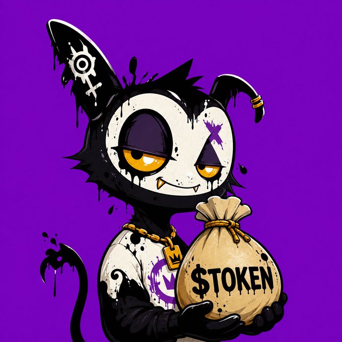 A digital illustration of a black and white cat-like creature with dripping paint effects holding a bag of money labeled '$TOKEN' against a purple background.