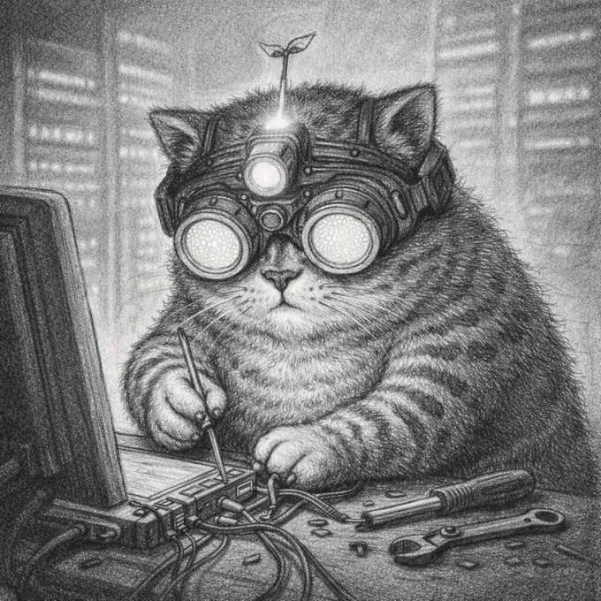 A detailed black and white pencil drawing depicts a fluffy cat wearing steampunk goggles with a small glowing plant sprout on top, working with tools and wires at a desk.