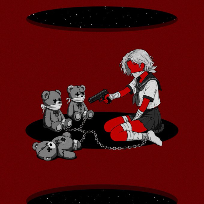 A red-toned anime-style illustration shows a masked sailor girl with bandaged limbs pointing a gun at two stitched, bandaged teddy bears chained to her, with a third lifeless bear lying on the ground—evoking themes of silence, captivity, and trauma that align with the contemplative mood of the "Beyond Silence Collection" NFT drop.