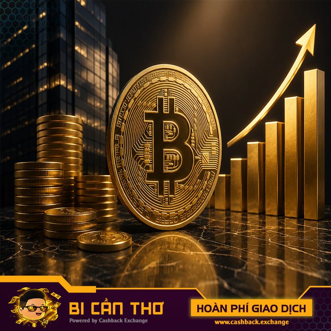 A Bitcoin promotional graphic showing a large golden Bitcoin coin with an upward arrow and rising bar chart, branded 'BÍ CẨN THƠ - Cashback Exchange' advertising 'HOÀN PHÍ GIAO DỊCH'.