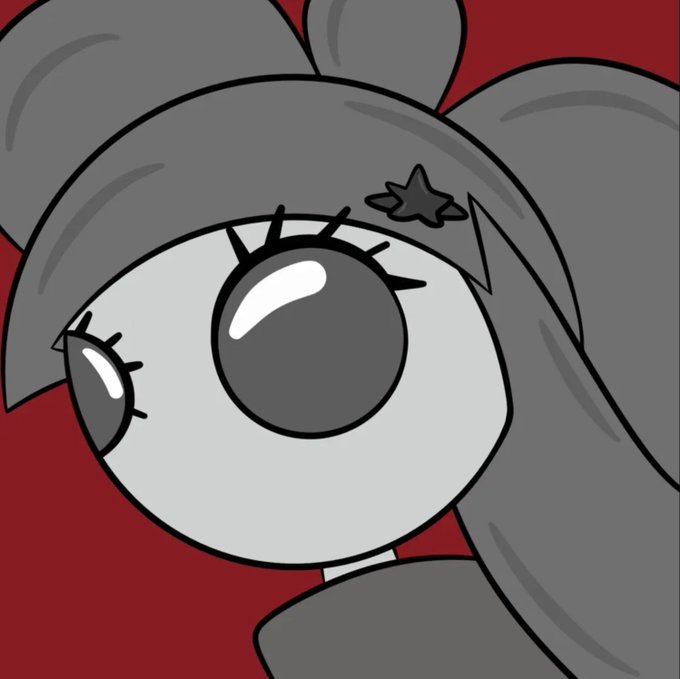 A cartoon close-up of a wide gray eye with long lashes and dark gray hair, set against a dark red background.