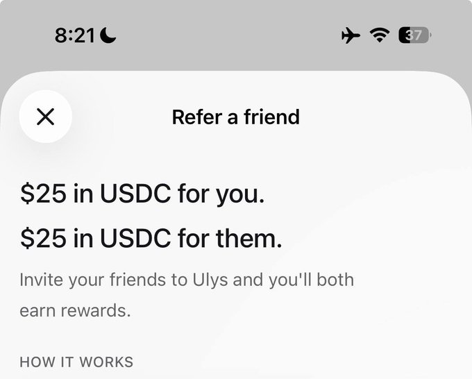 A mobile screenshot of the Ulys Wallet app's "Refer a friend" screen displays a referral offer of "$25 in USDC for you" and "$25 in USDC for them," inviting users to refer friends and earn rewards, consistent with the accompanying signup and referral bonus promotion.