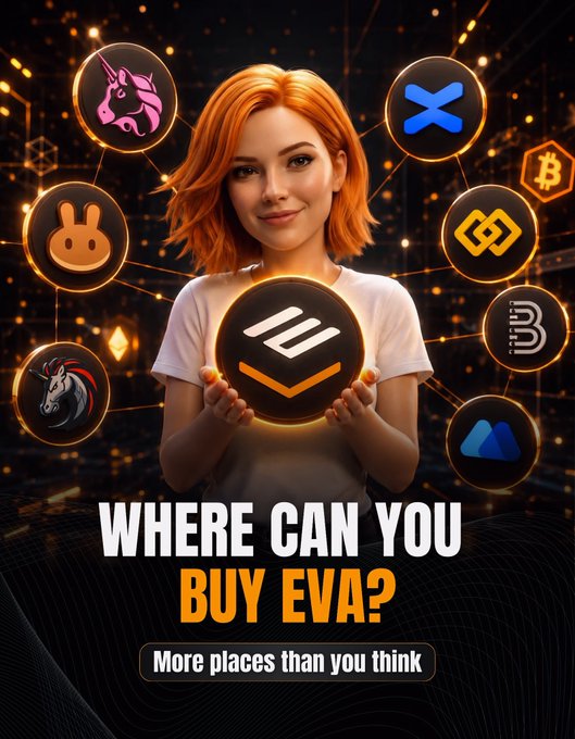A promotional graphic showing a red-haired woman holding a glowing coin with a 'W' logo, surrounded by floating cryptocurrency icons (Uniswap, Binance, Bitcoin, Ethereum, etc.), with text reading 'WHERE CAN YOU BUY EVA? More places than you think.'