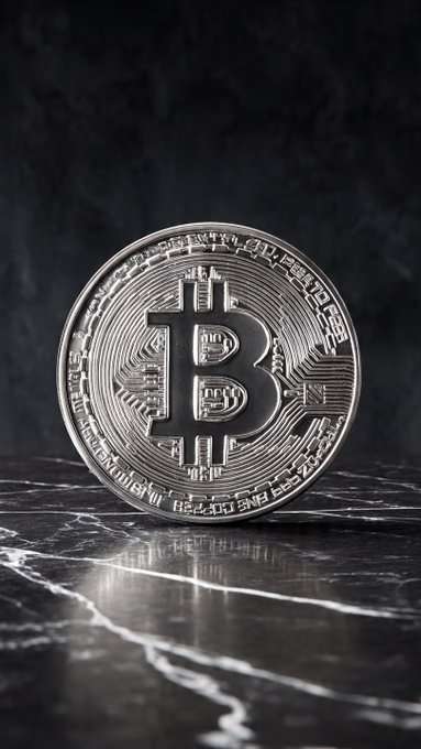 A silver physical Bitcoin coin displayed on a black marble surface.
