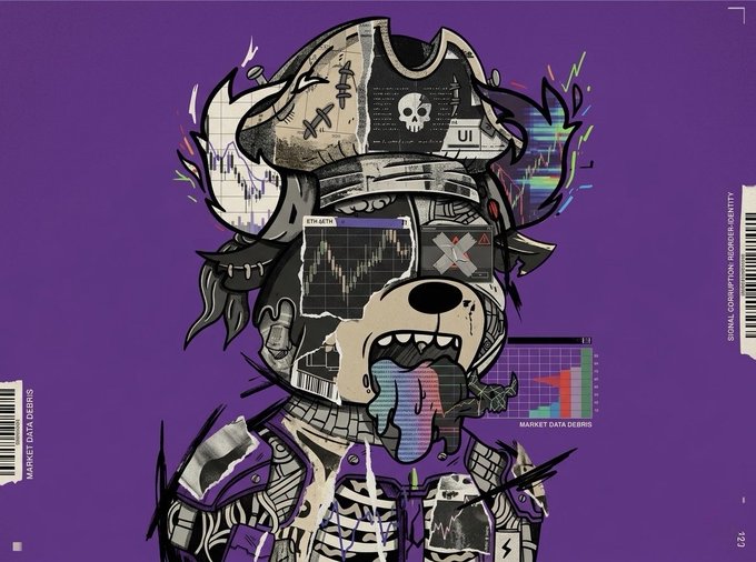 A glitch-art style illustration of a stylized skull character in purple against a purple background, incorporating stock market charts and text like "SIGNAL CORRUPTION HORROR: ENTITY" and "MARKET DATA DEBRIS."
