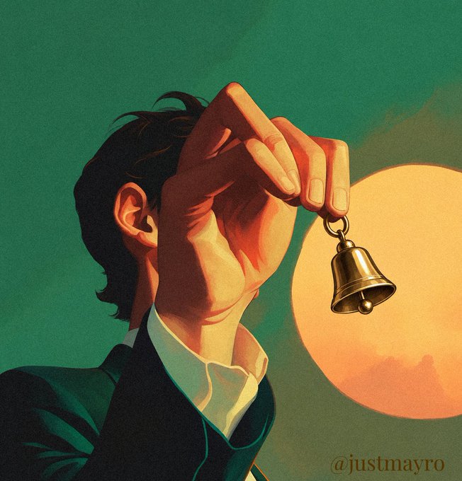 A digital illustration by @justmayro depicting a man in a suit holding a small brass bell in front of a large orange sun against a green sky.