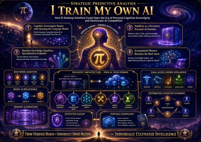 A cosmic-themed infographic titled "I Train My Own AI: Strategic Predictive Analysis" illustrates the Pi Desktop SoloHost concept, featuring a central human silhouette with a glowing π symbol and four numbered steps—Cognitive Sovereignty Begins, SoloHost as Persistent Personal AI Runtime, Baseline Knowledge Equalizes Specialization Explodes, and Accumulated Memory Becomes the Real Asset—along with diagrams of model selection, architecture, economics, and encrypted backups, emphasizing the shift from "Verified Human + Individually Owned Machine" to "Individually Cultivated Intelligence."