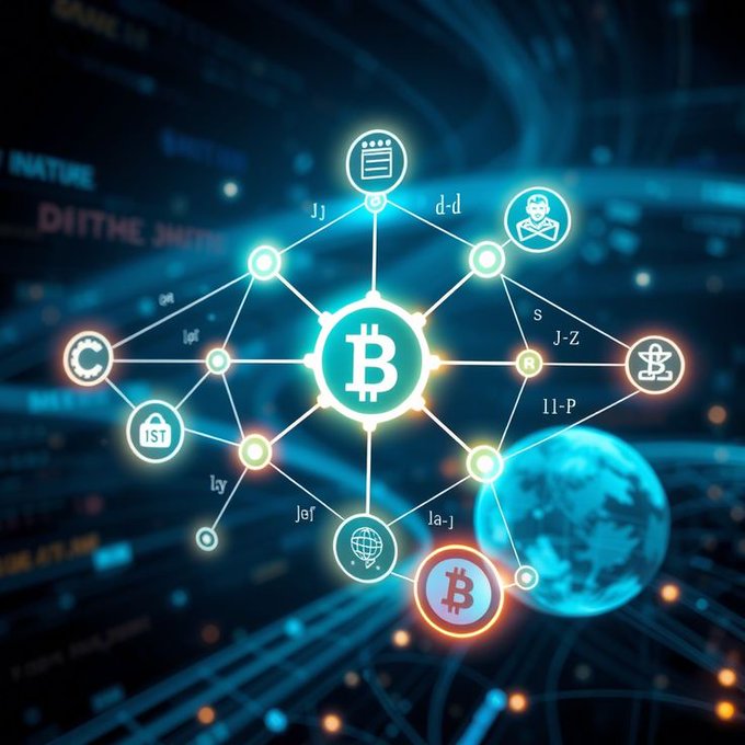 A digital graphic featuring a glowing Bitcoin logo at the center of a network of interconnected nodes and cryptocurrency symbols against a dark, tech-themed background.