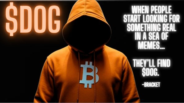 A promotional graphic for the cryptocurrency $DOG featuring a hooded figure with a Bitcoin logo on their sweatshirt and the quote: 'When people start looking for something real in a sea of memes... they'll find $DOG.' -Brackett