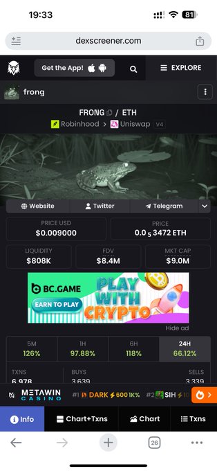 A DexScreener page shows the FRONG/ETH token with a $9.0M market cap, $8K liquidity, and 97.88% gains in the past hour, supporting the post's claim of an upcoming pump tied to the Robinhood listing.